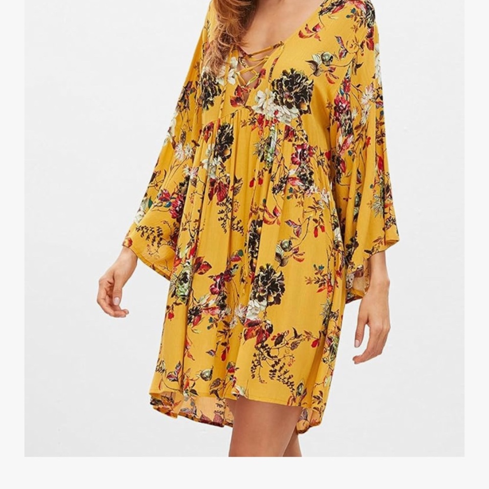 Floral Yellow Dress with Lace-Up Front - Picture 2 of 10